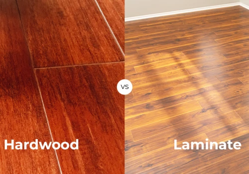 Side-by-side comparison image showing the difference between hardwood or laminate flooring, highlighting the unique textures of each option for home installation.