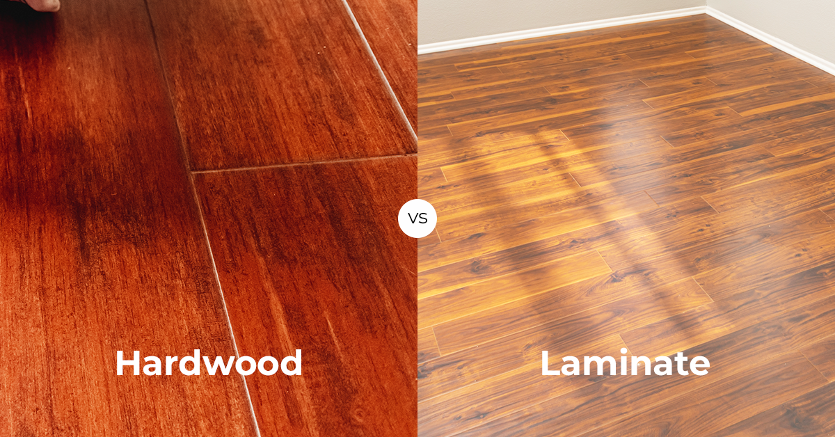 Side-by-side comparison image showing the difference between hardwood or laminate flooring, highlighting the unique textures of each option for home installation.