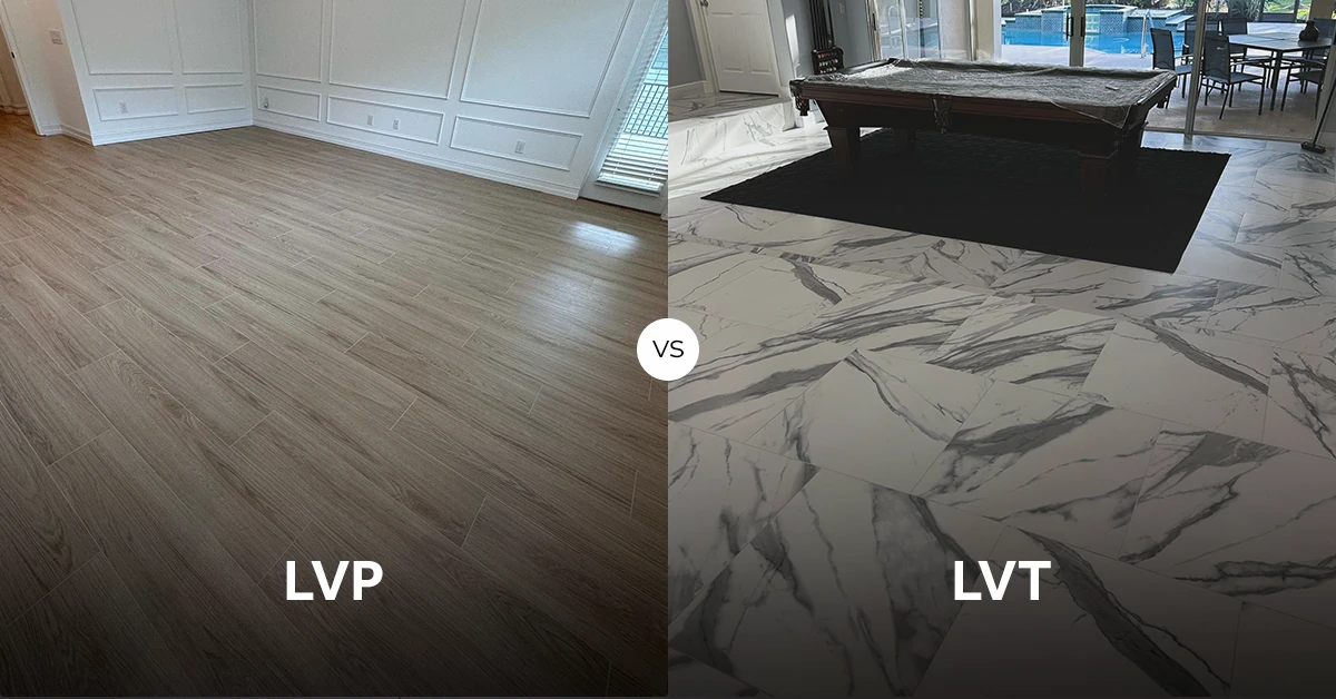 Split-image cover graphic contrasting LVP wood-style flooring with LVT marble-patterned tile, labeled “LVP vs LVT” to introduce the blog’s comparative guide.