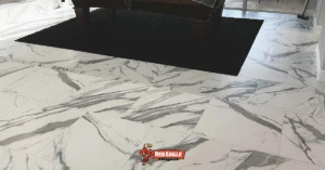 "Red Eagle Flooring showcase with white and grey marble-look tiles, exemplifying how LVT (Luxury Vinyl Tile) can mimic natural stone in the LVP vs. LVT comparison