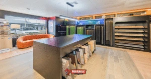 The interior of the Red Eagle Flooring showroom, highlighting the organized space and wide variety of materials available. The image shows diverse flooring options, from wood to tile, demonstrating the company's role as a complete flooring supplier.