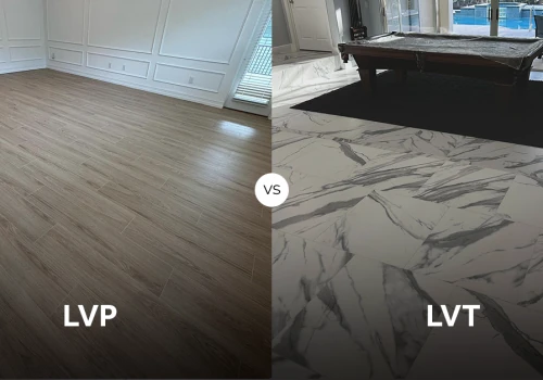 Split-image cover graphic contrasting LVP wood-style flooring with LVT marble-patterned tile, labeled “LVP vs LVT” to introduce the blog’s comparative guide.