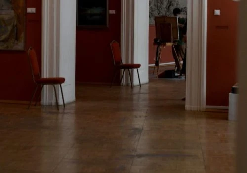 A dimly lit hallway with aged parquet flooring, red walls, and white columns — illustrating a pre-removal state before installing new flooring.
